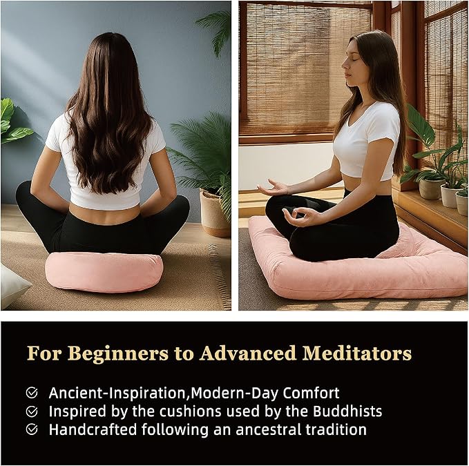 Meditation Zafu Cushion Set with Buckwheat Hulls & Memory Foam - Ergonomic Support for Yoga & Sitting - Removable Machine-Washable Luxury Velvet Cover - for Adults and Kids (Pink)
