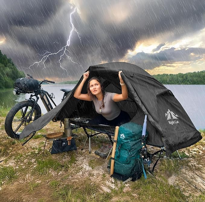 Night Cat Camping Cot Tent - Waterproof 1-Person Off-Ground Combo Cot Bed for Adults Portable Easy Set-up Tent