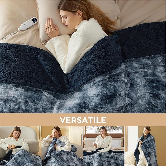 Bedsure Electric Blanket Twin - Faux Fur Sherpa Heated Blanket Twin Size, Fast Heating with 6 Heating Levels & 10 Time Settings, 8 Hours Auto-Off (62x84 inches, Navy)