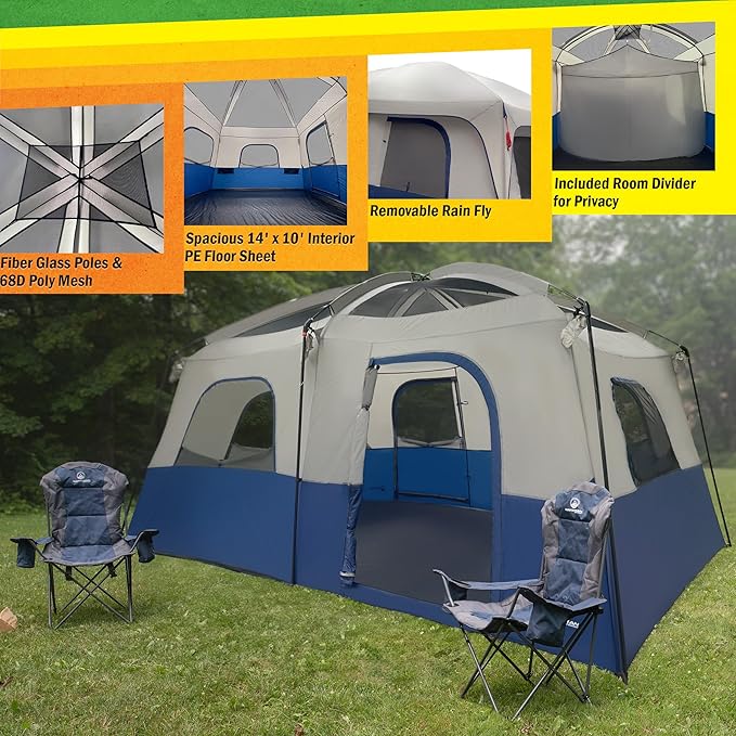 10-12 Person Large Camping Tent – Tall Family Cabin Outdoor Shelter with Room Divider, Mesh Windows, Water-Resistant Rainfly and Carry Bag for Camping and Outdoor Adventures – Wakeman Outdoors