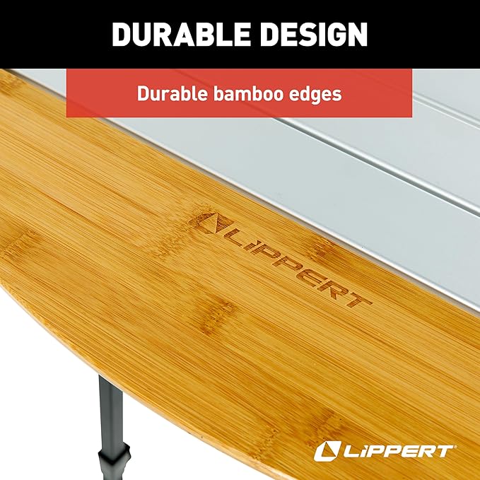 Lippert Bamboo/Hammer Grey Roll Top Camping Table with Powder-Coated Aluminum Top/Frame, Durable Bamboo Edges, Foldable Design, Adjustable Legs, Lightweight Construction - 2023053727