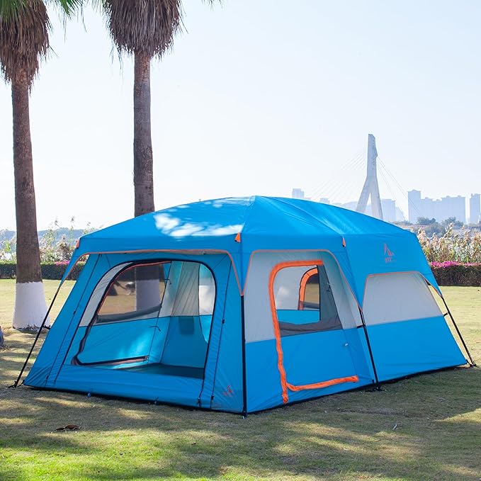 KTT Extra Large Tent 6-10-12-14 Person(B),Family Cabin Tents,2 Rooms,3 Doors and 3 Windows with Mesh,Straight Wall,Waterproof,Double Layer,Big Tent for Outdoor,Picnic,Camping,Family Gathering