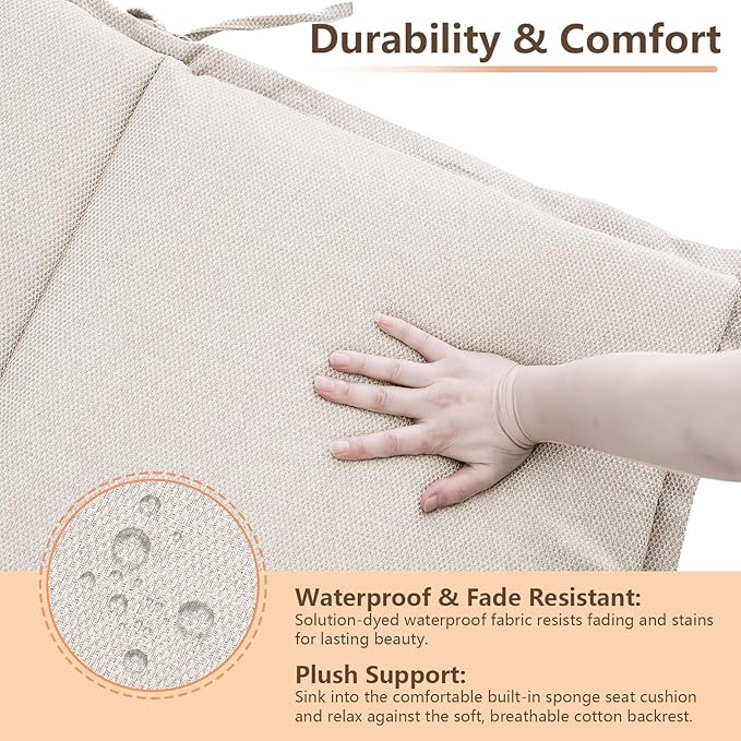 C-Hopetree Indoor High Back Rocking Chair Cushions for Glider and Swivel Rocker, Outdoor Replacement Highback Dining Seat Pads with Back Elastic and Ties, 18" x 42" x 1.5", Beige, Set of 1