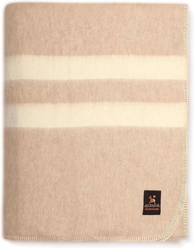Thick Alpaca Wool Blanket Heavyweight Camping Outdoors Indoors Soft Peru King Size Stripes Design (Beige - Ivory, King Size)