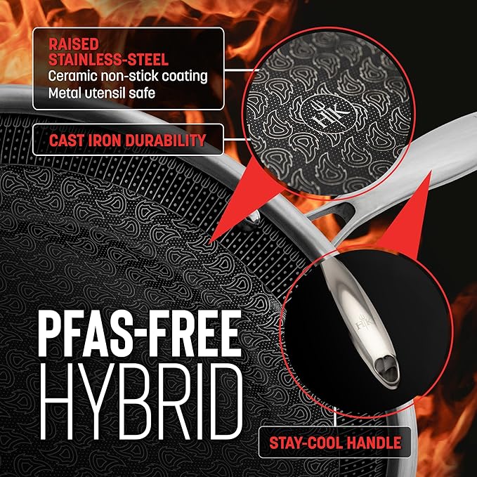 Hell's Kitchen Hybrid 3 Piece Set, 8-inch Frying Pan, 2.5 Qt Saucepan and Tempered Glass Lids, Tri-Clad Stainless Steel and PFAS-Free Ceramic Nonstick, Metal Utensil Safe, All Cooktops, Oven Safe