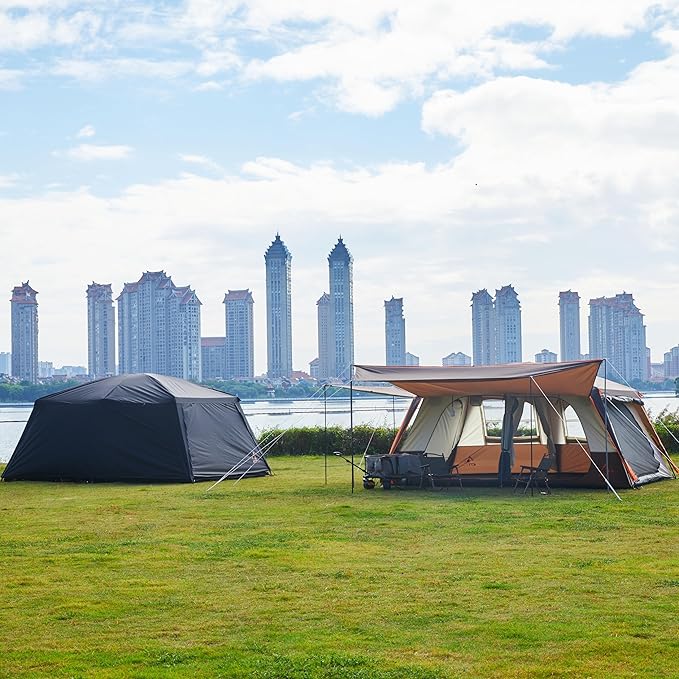 KTT Extra Large Tent 12 Person(A),Awning Family Cabin Tents,2 Rooms,4 Doors and 4 Windows with Mesh,Straight Wall,Waterproof,Double Layer,Big Tent for Outdoor,Picnic,Camping,Family Gathering。