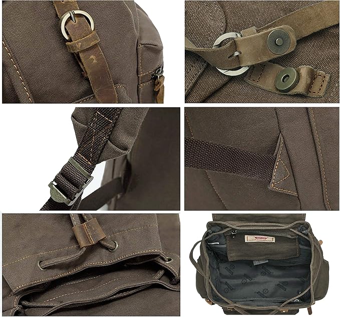 HuaChen Vintage Canvas Travel Backpack with Leather Trim, Laptop Padded Sleeve, Hidden Back Security Pocket, Fits 15-Inch, M32 Khaki Large