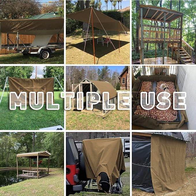CARTMAN Finished Size 10x16 Feet Tan Canvas Tarp with Rustproof Grommets, 12 Oz Heavy Duty Multipurpose Tarpaulin Cover for Canopy Tent, Roof, Camping, Woodpile
