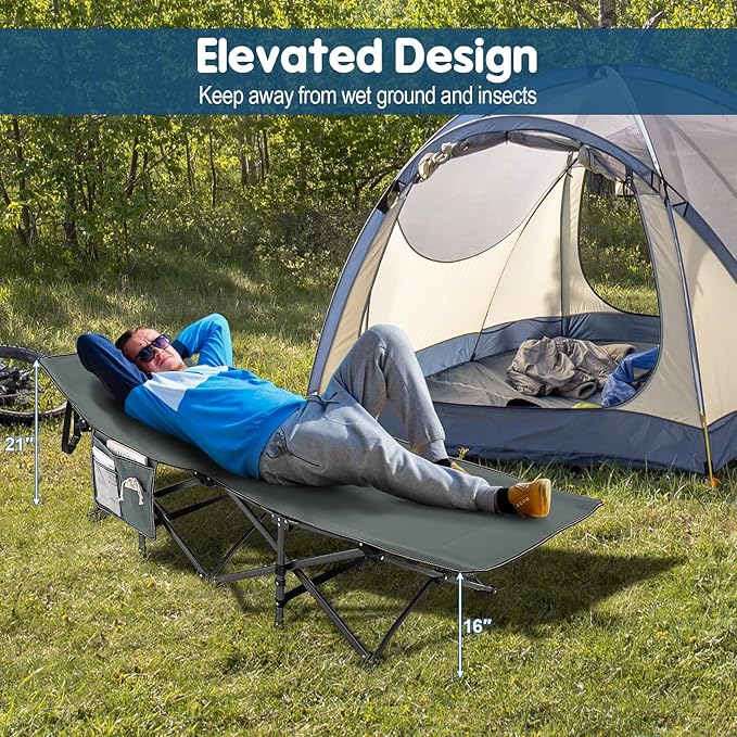 Goplus Folding Camping Cot, 27.5" Sleeping Cot for Adults with Carry Bag, 600LBS Weight Capacity, Slanted Head, Side Pocket, Heavy Duty Portable Camping Bed for Kids, Beach, Office Snap (Gray)