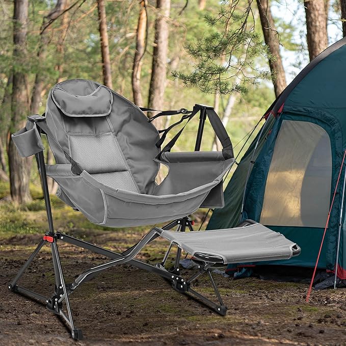 Ainfox Hammock Camping Chair with Footrest, Heavy Duty Foldable Portable Rocking Hammock Chairs Outside Swinging Camp with Cup Holder Pillow for Outdoor Patio Poolside Grey Dark Blue