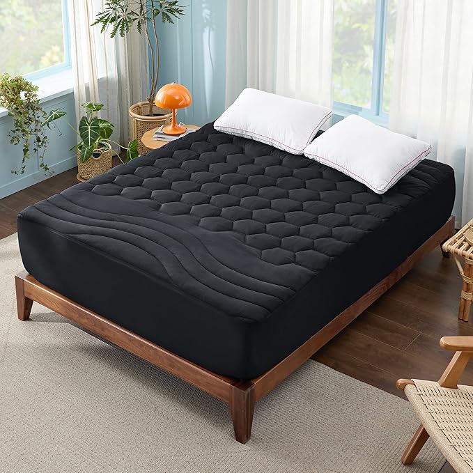 Bedsure Black Full Size Mattress Pad - Quilted Fitted Mattress Topper Protector with 8-21 Inches Deep Pocket, Noiseless Breathable Bed Cover Padded, Machine Washable, Black, 54x75 Inches