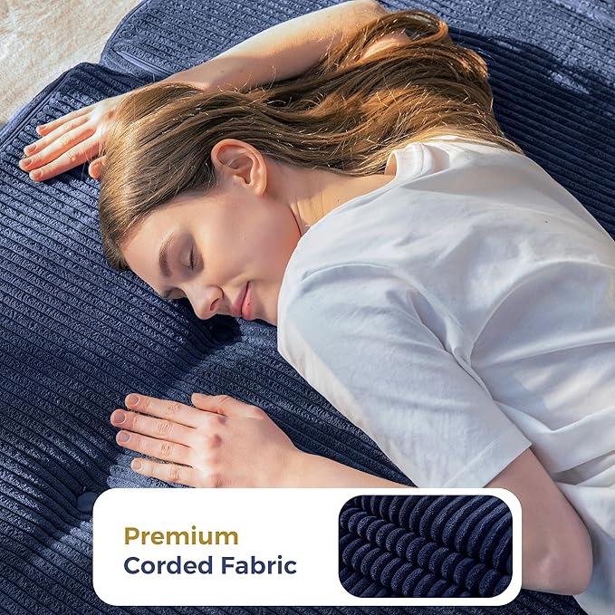MAXYOYO Folding Mattress, 4 Inch Tufted Foldable Mattress Full Foam Bed, Tri-Fold Floor Couch with Handles Guest Bed Topper Portable Camping Mat with Corded Fabric, Twin Size, Navy