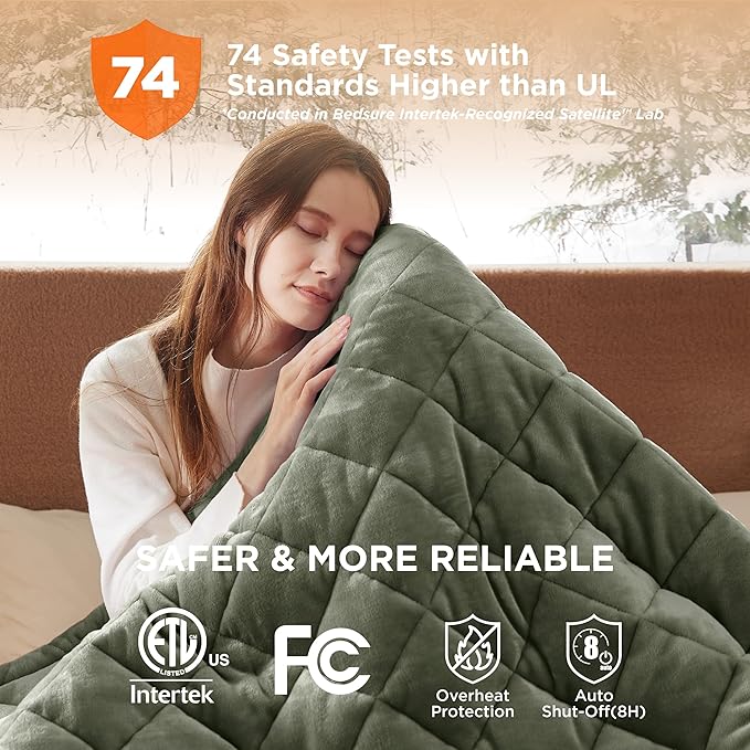 Bedsure Electric Blanket Queen Size - Dual Control Heated Weighted Blanket Queen with 10 Heat Settings, Fast Heating with 10 Time Settings (84x90 inches, Olive Green)