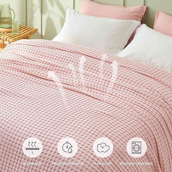 Bedsure Cooling Cotton Waffle Queen Size Blanket - Lightweight Breathable Blanket of Rayon Derived from Bamboo for Hot Sleepers,Spring Pink, 90x90 Inches