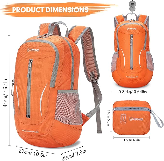 ZOMAKE Ultra Lightweight Packable Backpack 25L, Foldable Hiking Backpacks Water Resistant Small Folding Daypack for Travel(Orange)
