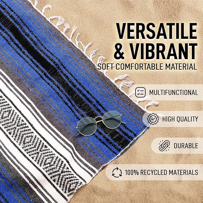 Hydration Nation Authentic Extra Large Mexican Blanket - 70"x50" Handwoven Yoga, Serape, Artisanal Falsa, Beach, Camping, Picnic, Outdoor Blanket - King Blue