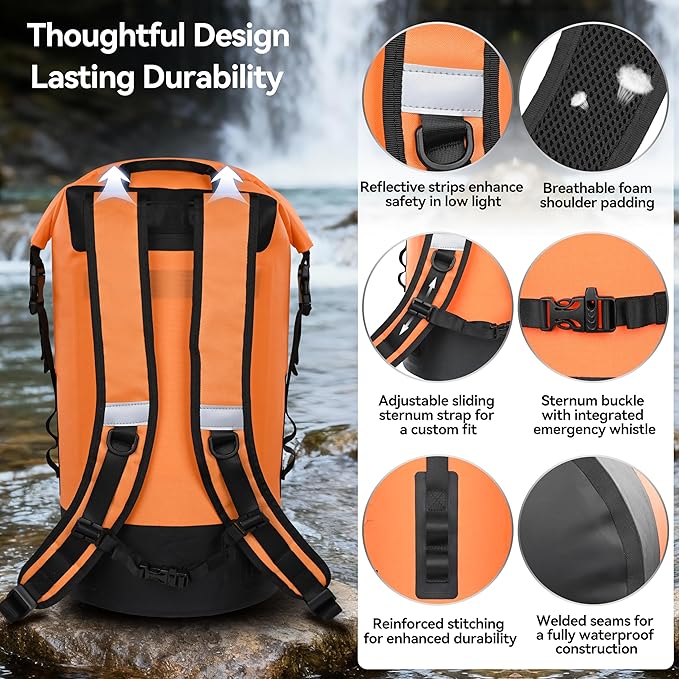 MARCHWAY Floating Roll Top Dry Bag, Flexible Lightweight TPU Waterproof Backpack 20L/30L/40L with Padded Straps for Boating, Kayaking, Swimming, Hiking, Beach (Orange, 40L)