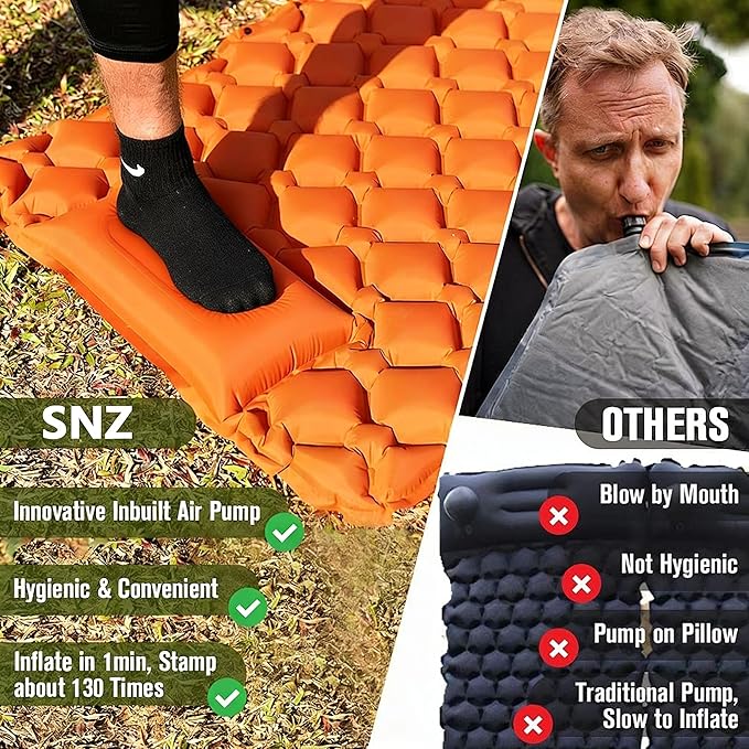 SNZ Camping Sleeping Pad, Ultralight Camping Mat with Pillow, Built-in Foot Pump Inflatable Sleeping Pads Compact for Backpacking, Tent, Travel, Outdoor Activities (Double)