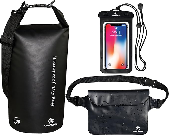 Freegrace Waterproof Dry Bags Set Of 3 Dry Bag With 2 Zip Lock Seals & Detachable Shoulder Strap, Waist Pouch & Phone Case - Can Be Submerged Into Water (Black, 20L)