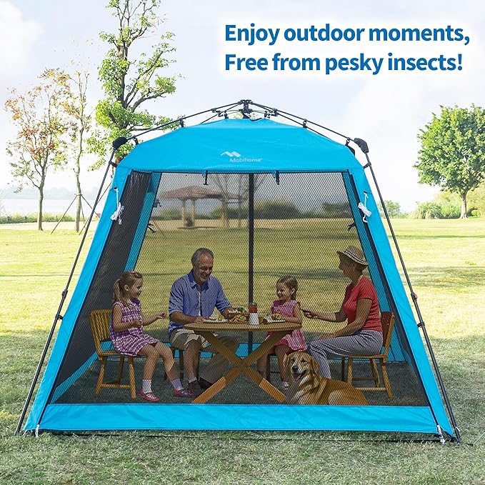 Pop Up Screen House Gazebo 8.2'x8.2'x75'', 4-6 Person Portable Screen Room with Sun & Insect Protection, Sturdy Frame Foldable Outdoor Canopy for Backyard, Camping, Park, Garden,Backyard-Blue