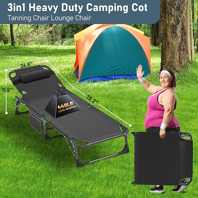 LILYPELLE Lounge Chair with Mattress, Heavy Duty Outside Lounge Chair Outdoor Portable Folding Lounge Chairs Sleeping Cots Bed for Camping, Pool, Beach, Patio