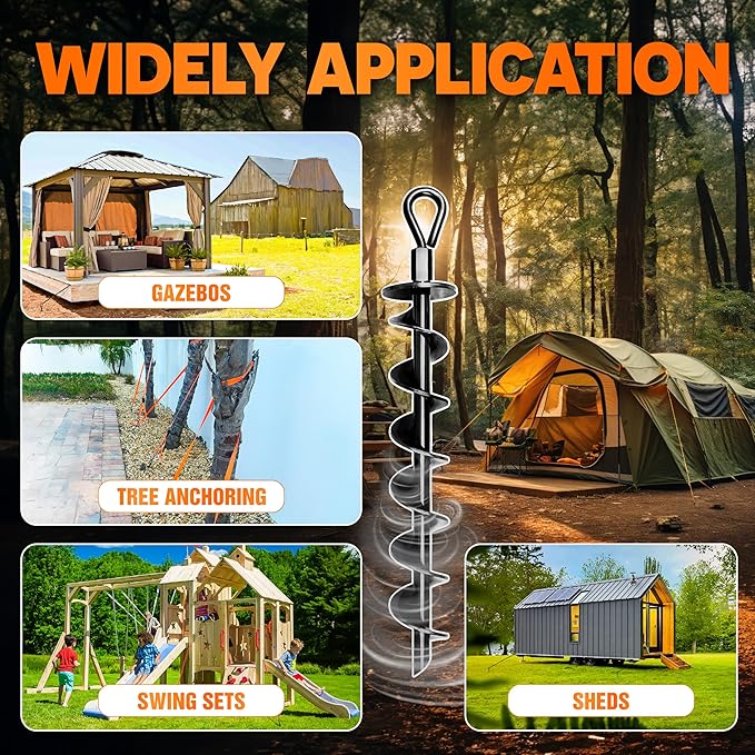 [Premium] 4 Pack Ground Anchors with Power Nut Driver Drill Bit, Ground Anchors Screw in, Swing Set Anchors, Trampoline Anchors High Wind Heavy Duty for Camping Tents, Car Ports, Swing Sets, Canopies