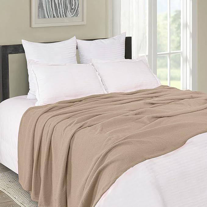 BOUTIQUO 100% Cotton Bed Blanket, Breathable Thermal Blanket Twin Size, Soft Honeycomb Waffle Blanket 60"x90", Cotton Bed Blanket, Perfect for Layering Any Bed for All Season, Beige