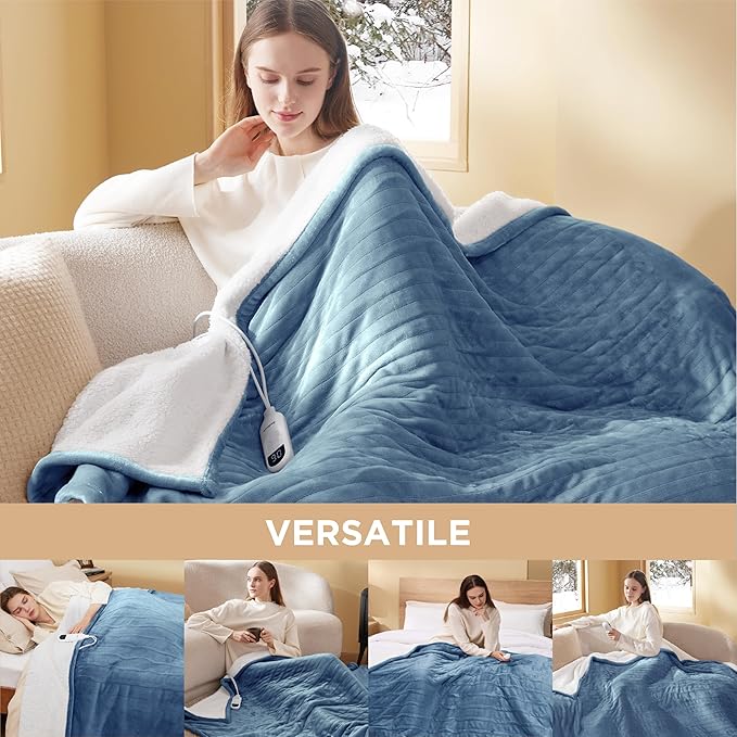Bedsure Heated Blanket Throw Blanket - Fast Heating Electric Blanket, Soft Flannel Heated Throw with 4 Time Settings, 6 Heating Settings, Warm Gifts for Grandma (50x60 inches, Blue)