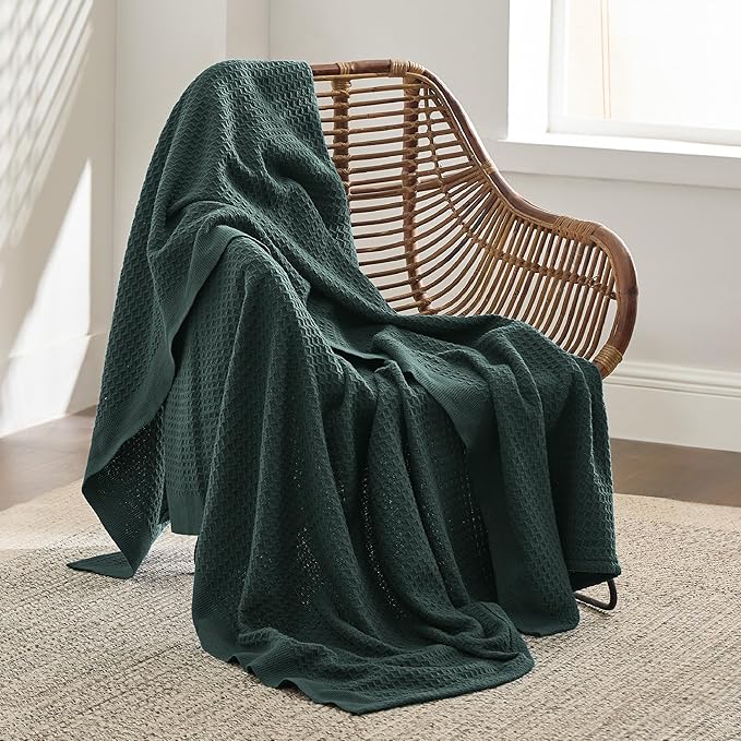 Bedsure Gentlesoft 100% Cotton Blanket Twin XL Size for College Dorm - Breathable and Soft, Waffle Weave Twin Blanket for Summer, Dorm Room Essentials, Dark Green, 66x90 inches