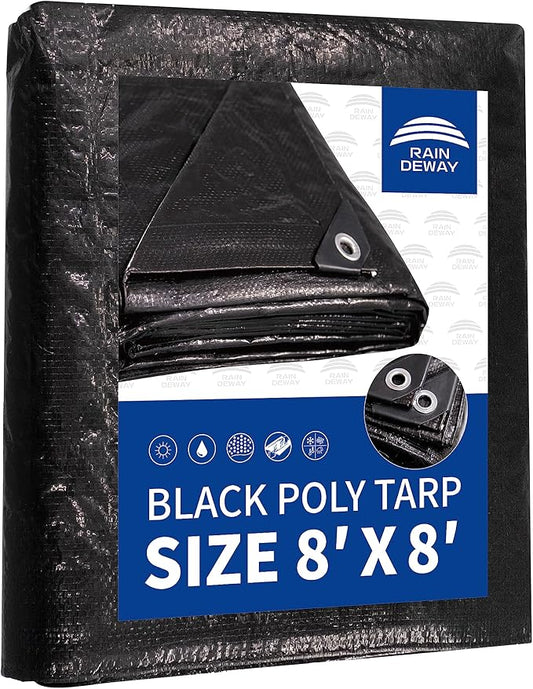 RAINDEWAY Black Tarp 8x8 Feet, UV Resistant, 8 Mil Multipurpose Medium Duty Waterproof Poly Tarp Cover with Metal Grommets and Reinforced Edges