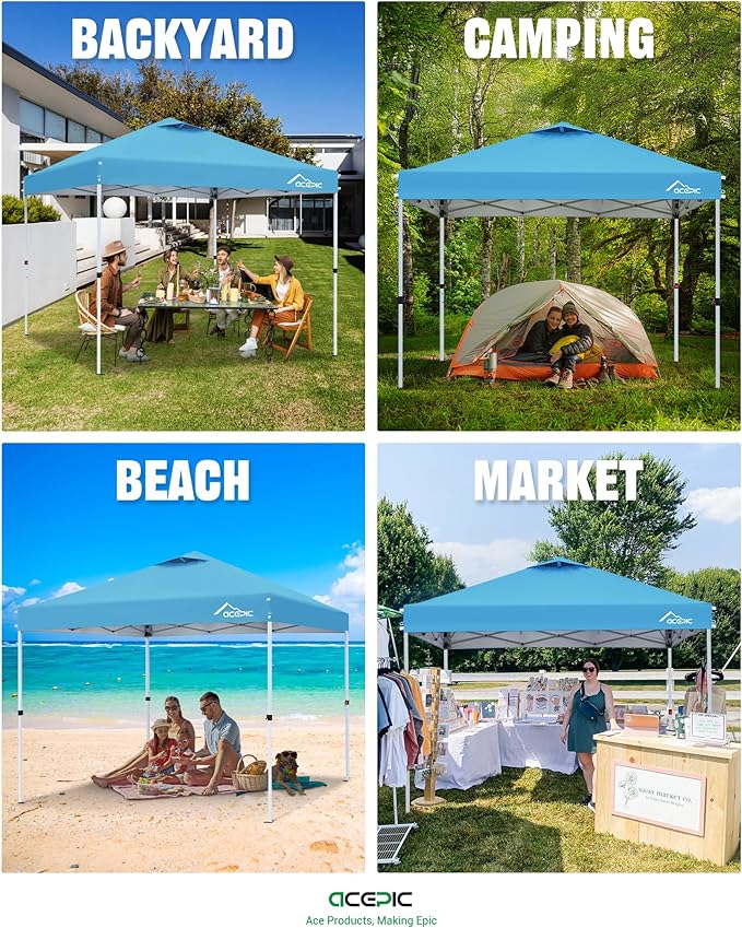 10x10 Pop Up Canopy Tent,300D Silver-Coating Top,Pop Up Canopy Tent Instant Portable Shelter with 1-Button Push and Wheel Carry Bag, 8 Stakes and 4 Upgraded Canopy Weights (Serene Blue, 10x10)
