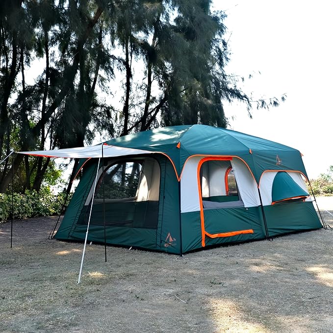 KTT Extra Large Tent 12 Person,Family Cabin Tents,Full Rainfly,2 Bay-Windows,2 Rooms and 3 Doors 3 Windows with Mesh,Waterproof,Straight Wall,Double Layer,Big Tent for Outdoor,Picnic,Camping