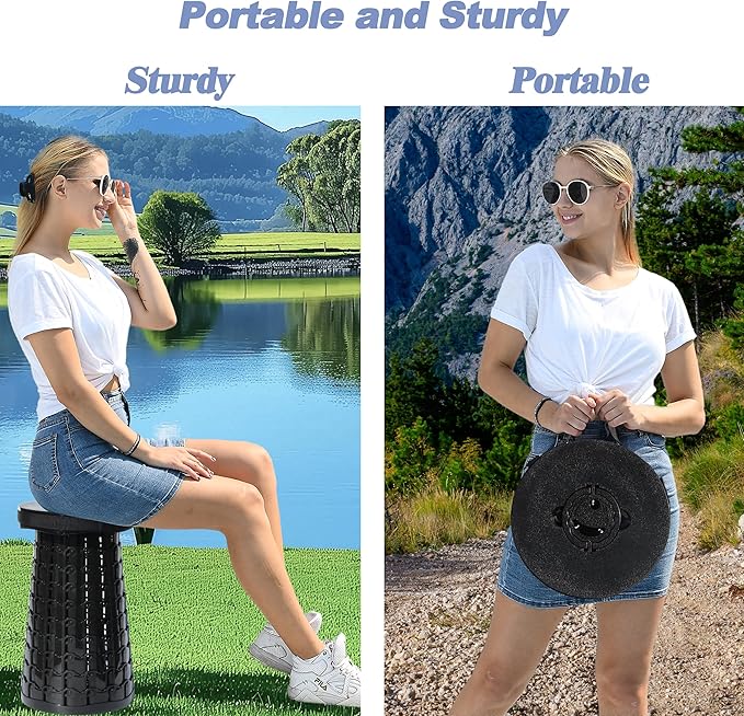 ALEVMOOM XXL Telescoping Stool with Cushion,Taller 19.7"Wider 11.8" Collapsible Chair More Sturdy Capacity 1000Ib,Portable Camping Adjustable Stool for Garden Fishing Hiking Mountain BBQ (Large Black)