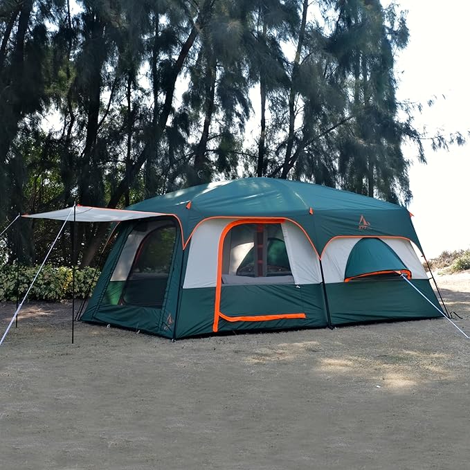KTT Extra Large Tent 12 Person,Family Cabin Tents,Full Rainfly,2 Bay-Windows,2 Rooms and 3 Doors 3 Windows with Mesh,Waterproof,Straight Wall,Double Layer,Big Tent for Outdoor,Picnic,Camping
