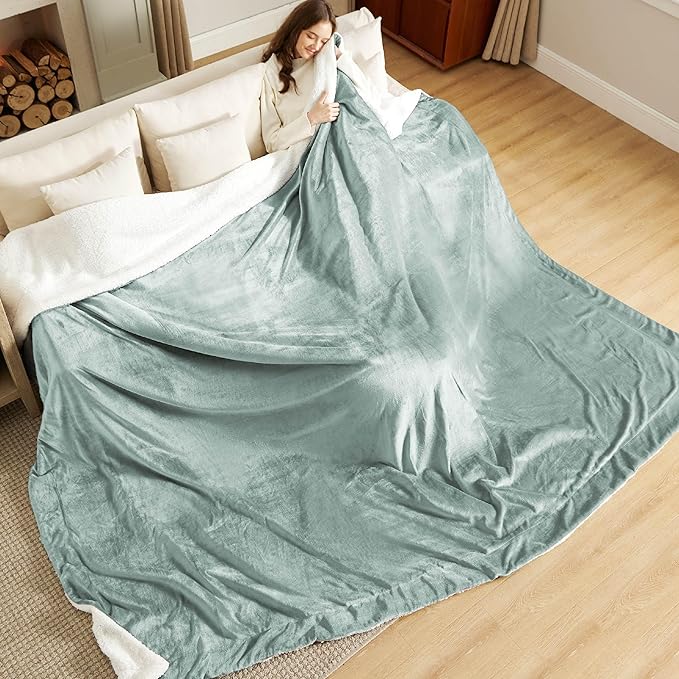 Bedsure GentleSoft Sherpa Fleece Oversized Cal King Blankets for Bed - Thick and Warm, Soft Fuzzy Plush Large Blanket for Winter, Sage Green, 112x98 Inches
