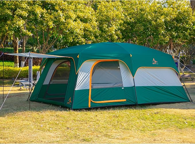 KTT Extra Large Tent 6-10-12-14 Person(Style-B),Family Cabin Tents,2 Rooms,3 Doors and 3 Windows with Mesh,Straight Wall,Waterproof,Double Layer,Big Tent for Outdoor,Picnic,Camping,Family Gathering