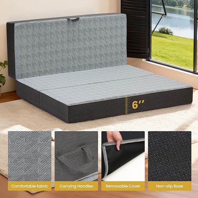 Tri Folding Mattress Queen Size - 6 Inch Dual-Layer Memory Foam Foldable Mattress Portable Floor Bed Sofa with Removable Washable Cover, Handle & Non-Slip Bottom for Travel,RV,Camping,Guest,Yoga