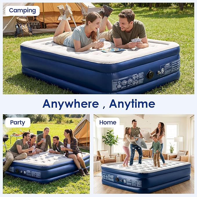 Camping Air Mattress Queen with Built in Pump 18" Thickness 660lbs Heavy Duty Comfortable Blow up Air Mattress with Carry Bag Inflatable Foldable Flocked Top Air Bed for Travel, Home (Blue & Grey)