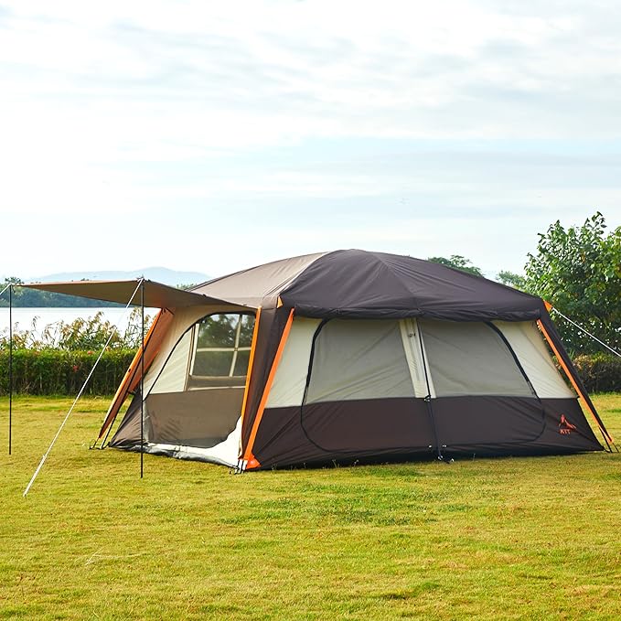 KTT Extra Large Tent 12 Person(A),Awning Family Cabin Tents,2 Rooms,4 Doors and 4 Windows with Mesh,Straight Wall,Waterproof,Double Layer,Big Tent for Outdoor,Picnic,Camping,Family Gathering。