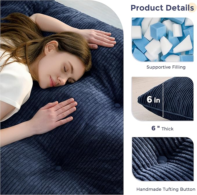 MAXYOYO 6" Japanese Floor Mattress, Foldable Futon Mattress Full Size, Tufted Roll Up Floor Bed, Thick Tatami Mat Sleeping Pad Portable Lounger for Camping Guest Room Dormitory Bedroom RV, Navy