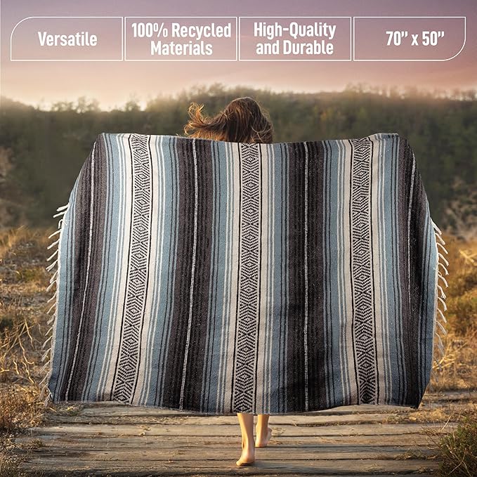 Hydration Nation Authentic Large Handwoven Mexican Blanket - Soft Yoga- Durable Serape- Lightweight Falsa, Beach, Camping, Picnic, Outdoor Blanket 70"x50" - Aqua Sky