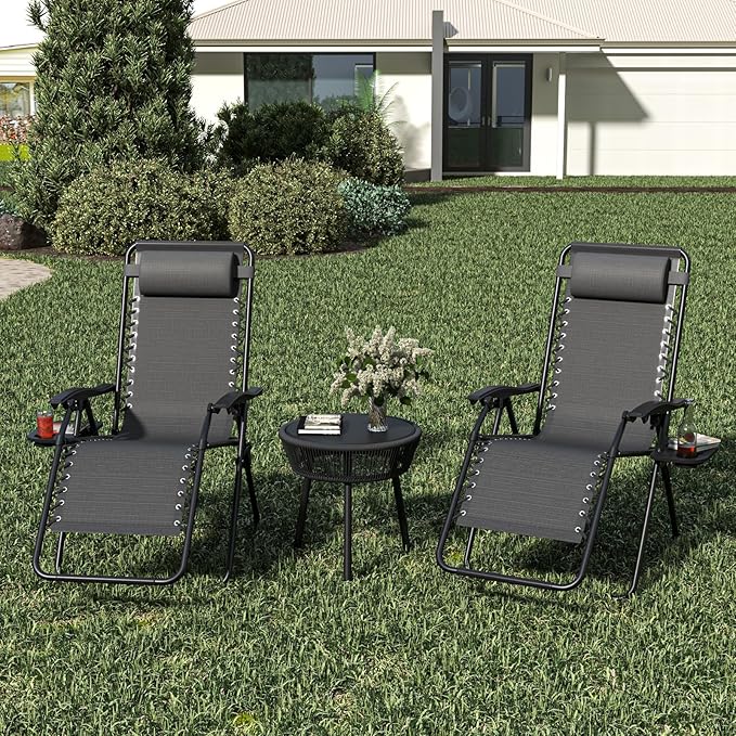 Set of 2 Adjustable Zero Gravity Lounge Chairs Outdoor Recliner w/Cup Holder Tray & Removable Pillows, Ergonomic Reclining Chair for Camping Patio Lawn Balcony (Black)