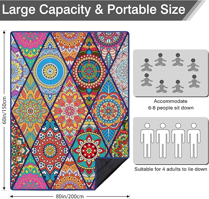 Waterproof Picnic Blankets Foldable & Portable 60''x80'' Boho Picnic Mat for Outdoors, Large Washable Picnic Blanket for Travel Camping Beach, Park Grass Picnic Blanket Accessories for Adults