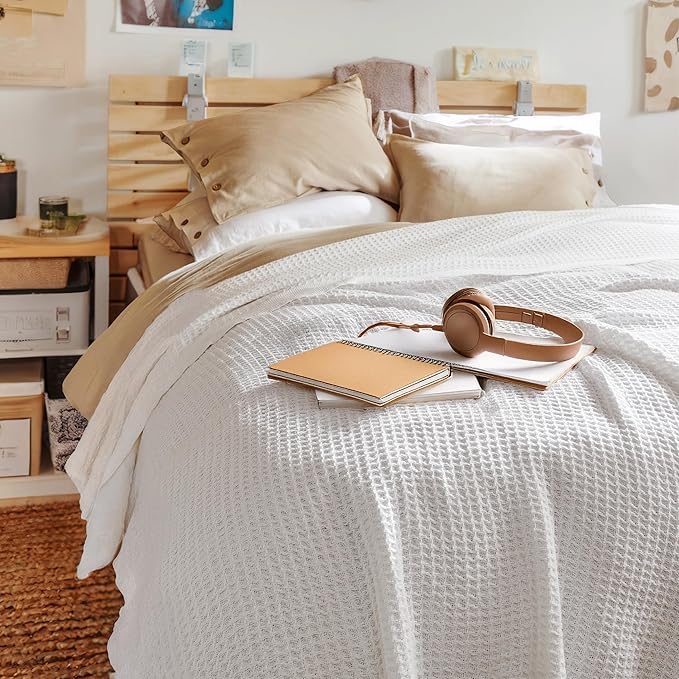Bedsure Gentlesoft 100% Cotton Blanket Twin XL Size for College Dorm - Breathable and Soft, Waffle Weave Twin Blanket for Summer, Dorm Room Essentials, White, 66x90 inches