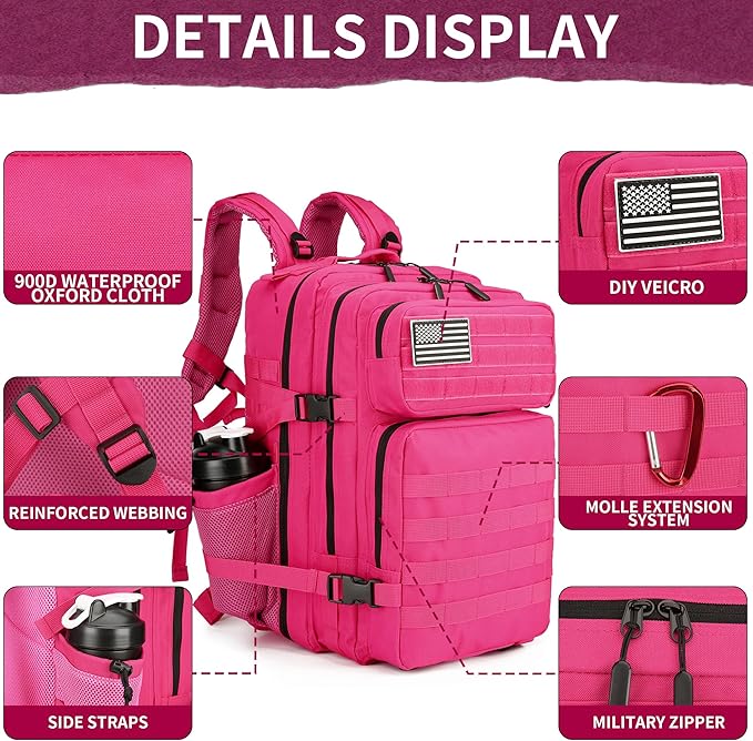 45L Military Tactical Backpacks 3 Days Assault Pack Bag Fitness Rucksack 3 Day Bug Out Bag Hiking Treeking Molle Daypack (RoseRed&Black)