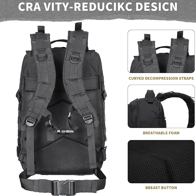 45L Military Tactical Backpacks 3 Days Assault Pack Bag Fitness Rucksack 3 Day Bug Out Bag Hiking Treeking Molle Daypack (Black2)