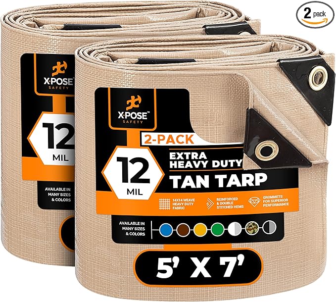 Heavy Duty Tan Poly Tarp 5' X 7' (2-Pack) - Multipurpose Protective Cover - Durable, Waterproof, Weather Proof, Rip and Tear Resistant - Extra Thick 12 Mil Polyethylene - by Xpose Safety
