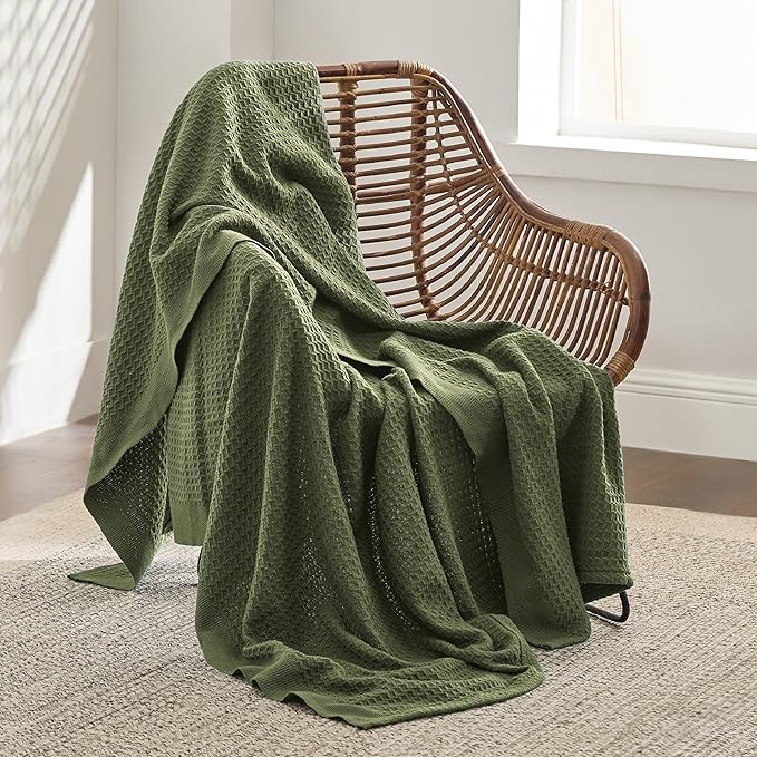 Bedsure Gentlesoft 100% Cotton Blanket Twin XL Size for College Dorm - Breathable and Soft, Waffle Weave Twin Blanket for Summer, Dorm Room Essentials, Olive Green, 66x90 inches