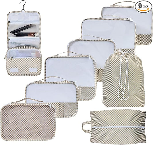 Packing Cubes Set – Cute Packing Cubes for Travel, Luggage Organizer Bags for Suitcase, For Kids & Family, Floral, Neutral & Aesthetic Travel Organizer Set-Gingham