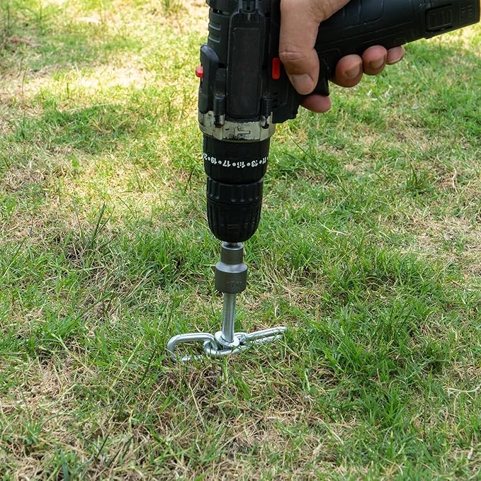 12 Pcs Screws 3/8 x 12 Tent Stakes Festival Kit with Chain Links and Washers | Hex Pegs | Heavy Duty Metal Tent Anchors & Camping Spikes with 17MM Hex Drill Adapter